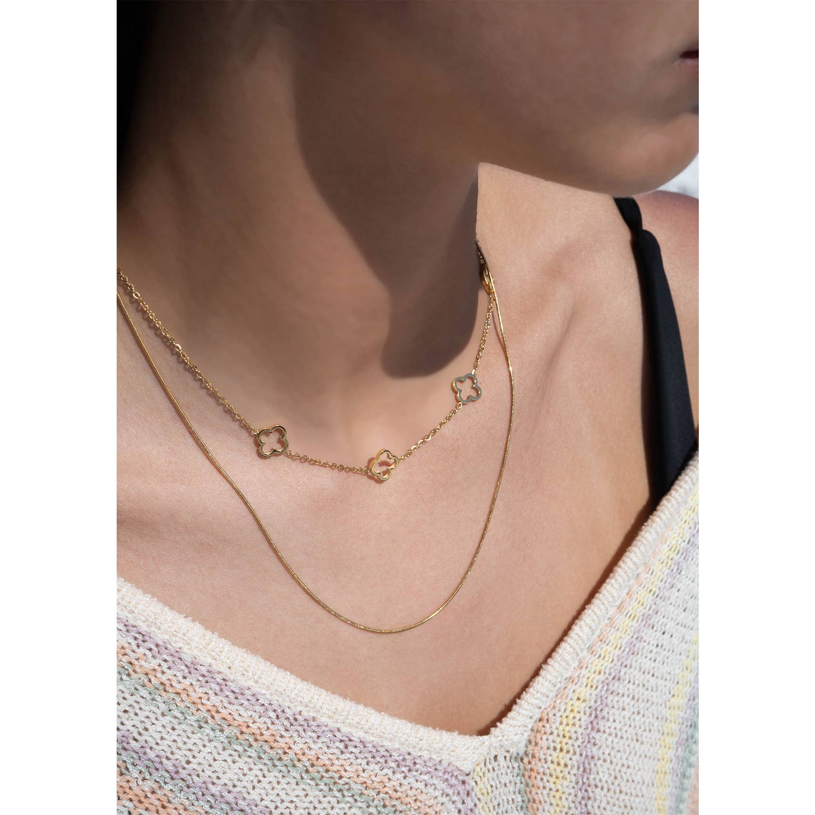 18k Silver Pvd Stainless Steel Layered Clover Charm Necklace